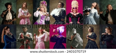 Collage. Medieval royal person, queen, princess, knight and pirate posing against dark vintage and pink background. Concept of comparison of eras, modernity and renaissance, baroque, beauty, history