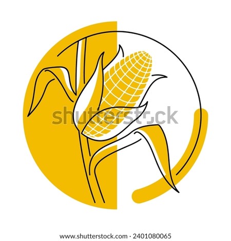 Corn icon in thin line and yellow semicircle on background. Labeling of natural food ingredient. Isolated vector badge Royalty-Free Stock Photo #2401080065