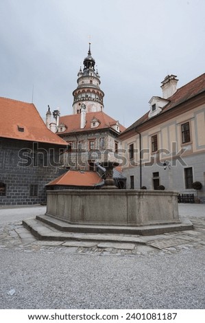 Picture of the interior patio of the State Castle with the Castle Tower at the background, the most famous symbol of Cesky Krumlov, Czech Republic.