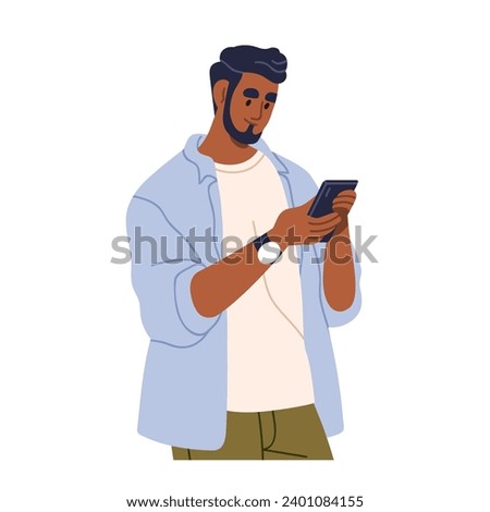 Man with mobile cell phone in hand. Character looking at smartphone, reading internet message, surfing online. Person holding cellphone. Flat graphic vector illustration isolated on white background Royalty-Free Stock Photo #2401084155