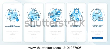 2D icons representing combating pink tax mobile app screen set. Walkthrough 5 steps blue graphic instructions with linear icons concept, UI, UX, GUI template. Royalty-Free Stock Photo #2401087005