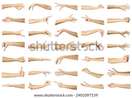Multiple images set of female caucasian hand gestures isolated over white background
