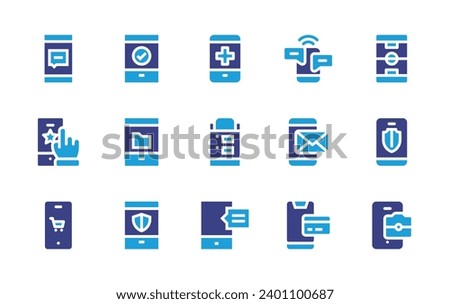 Smartphone icon set. Duotone color. Vector illustration. Containing mobile phone, smartphone, mobile store, cellphone, phone, payment method, chat.