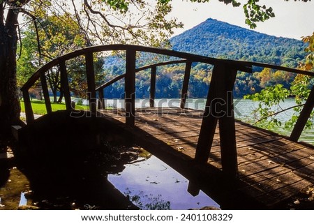 Foot bridge at the Peaks of Otter Lake, Blue Ridge Parkway, Virginia, USA