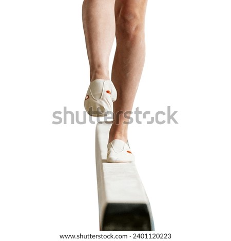 legs girl gymnast step on balance beam in artistic gymnastics isolated on white background, sports summer games Royalty-Free Stock Photo #2401120223