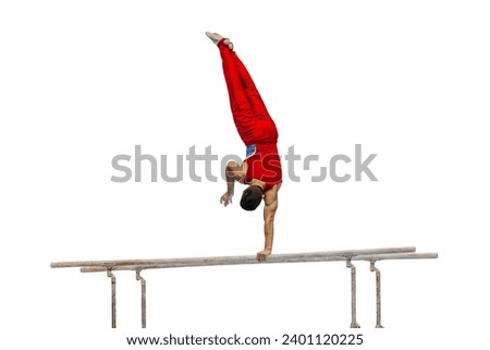 male gymnast performing on parallel bars competition artistic gymnastics isolated on white background Royalty-Free Stock Photo #2401120225