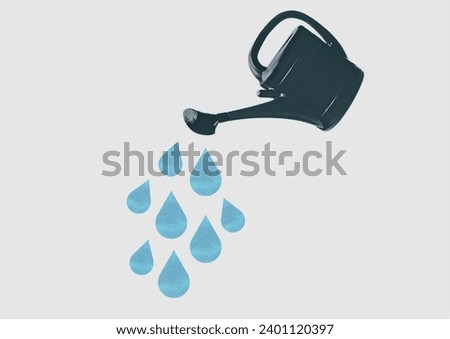 A watering can with water drops coming out, cartoon style. Depicting gardening, looking after plants or flowers.