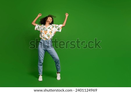 Photo of attractive stylish girl dancing dynamic in weekend event occasion with fluttering curls isolated over vivid color background Royalty-Free Stock Photo #2401124969