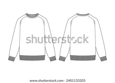 Vector fashion technical drawing of a crew neck sweater with front and back view. Ribbing details at sleeve cuff and bottom opening. Knit fabric. Royalty-Free Stock Photo #2401133203