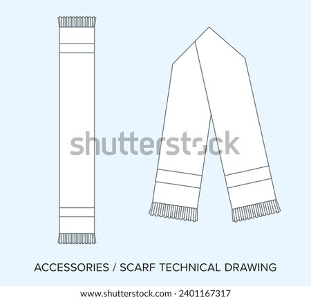 Scarf Technical Drawing, Accessories Blueprint for Fashion Designers. Detailed Editable Vector Illustration, Black and White Neckwear Schematics, Isolated Background Royalty-Free Stock Photo #2401167317