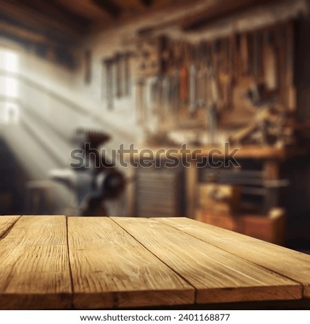 Worn old retro table and dark workshop interior. Natural sun light and empty space for your decoration. Mockup background for your products. 