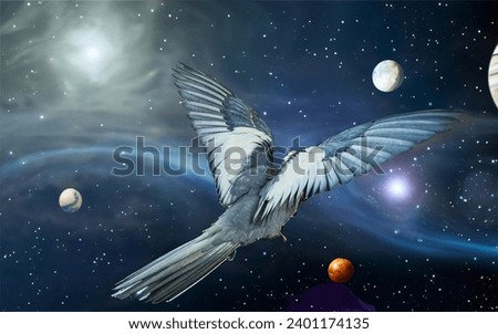 Cockatiel parrot flies across the cosmic sky with planets in the background