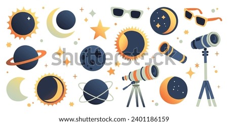 Solar Eclipse set. Cute illustration in flat style for kids education at school, stickers, scrapbooking, nursery room Royalty-Free Stock Photo #2401186159