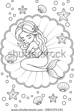 Hand-drawn illustration of kawaii mermaid princess sleeping on the seashell coloring page for kids and adults. Mermaid colouring book Royalty-Free Stock Photo #2401191141
