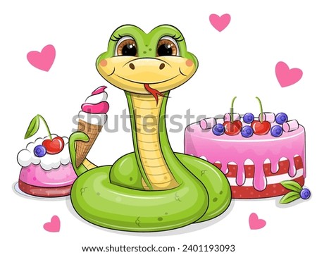 Cute cartoon green snake with ice cream and cakes. Vector illustration with animals and desserts on a white background.