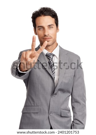 Peace sign, business man and portrait in studio for winning, vote and victory of achievement on white background. Corporate worker show v icon, emoji and thank you for feedback, review and support