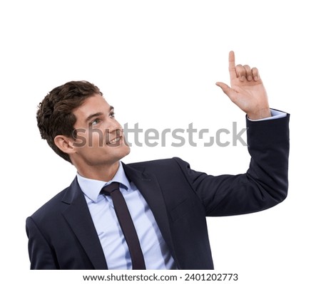 Studio, smile and corporate man pointing up at professional service, business information or company sales promotion. Direction, message or happy agent gesture at ads presentation on white background