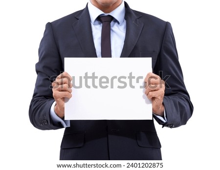 Business hands, poster space and presentation for advertising opportunity, news or information in studio. Professional or corporate person with career board, paper or job mockup on a white background
