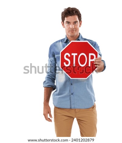 Portrait, man and traffic stop sign in studio isolated on a white background mockup space. Person show red octagon symbol, forbidden warning signal and caution, attention and security in protection