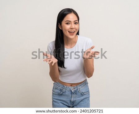 Wow Happy beautiful young asian woman excited pretty girl shout out loud wow with hands on mouth announcement standing pose on isolated white background. Attractive female