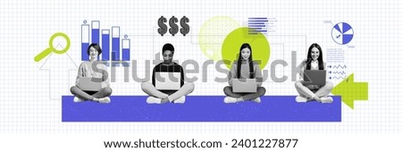 Creative collage picture of black white colors girls use laptops trade earn money graphics charts arrow indicators isolated on checkered background