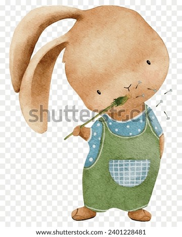 Watercolor Baby Rabbit holding flower,Easter Bunny blowing Dandelion Spring flower,Vector illustration hand drawn cute cartoon  character animal element for Easter card, Spring, Summer Background