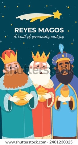 Los Reyes Magos ( Translation - Three Wise Men ). Happy epiphany day. January 6. Nativity of Jesus. Cartoon Vector illustration Template design for Poster, Banner, Flyer, Greeting, Card, Cover, Post.