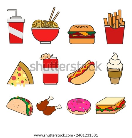 Illustration Vector Graphic Character of junk food. Junk food illustration french fries, sandwiches, pizza, fried noodles, soft drinks, ice cream, fried chicken. Set of junk food icon for sticker
