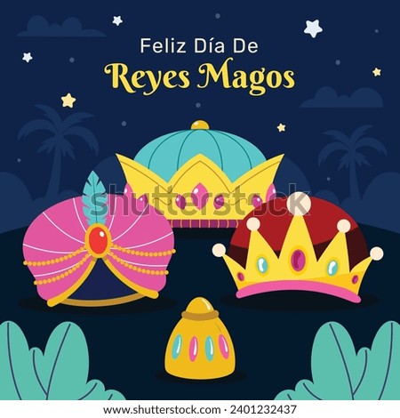Los Reyes Magos ( Translation - Three Wise Men ). Happy epiphany day. January 6. Nativity of Jesus. Cartoon Vector illustration Template design for Poster, Banner, Flyer, Greeting, Card, Cover, Post.