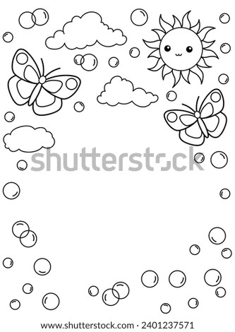 Sun, butterflies and soap bubbles. Background, coloring page, black and white vector illustration.