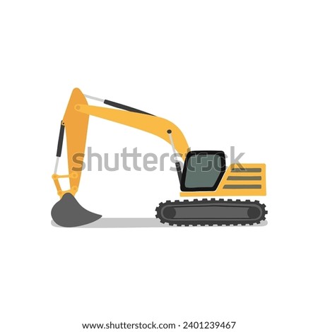 Excavator flat vector illustration isolated on white background. Construction equipment clip art in cartoon style. Kid drawing. Hand drawn.