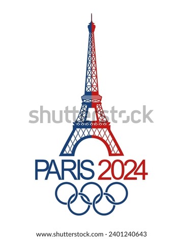 Olympic Games 2024. Eiffel Tower and the inscription Paris 2024 with Olympic rings. Symbol, vector Royalty-Free Stock Photo #2401240643