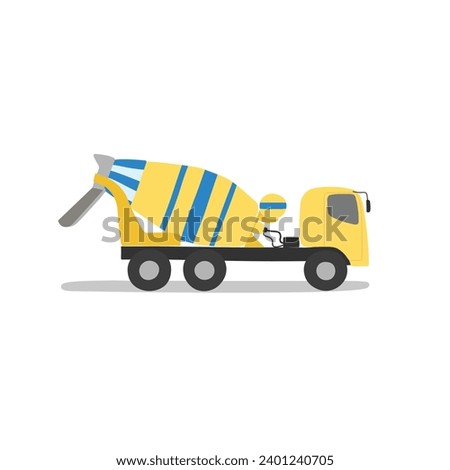 Concrete mixer truck flat vector illustration isolated on white background. Construction equipment clip art in cartoon style. Kid drawing. Hand drawn.