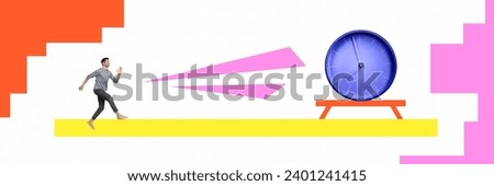 Creative horizontal picture collage of funny young guy running to clock timer control deadlines isolated on white color background