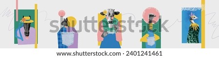 Panorama collage artwork of wild animals horse in stylish hat funny squirrel during cow drinks tea ostrich in sombrero and trendy chicken