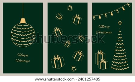 Corporate holiday cards with congratulations and wishes. Universal template. Christmas and New Year. Vector illustration in traditional green color.