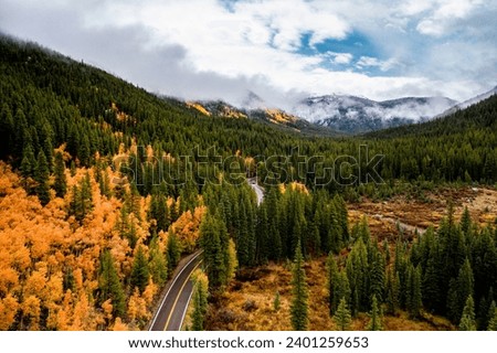 Golden Fall road with Snow Peaks Independence Pass scene mountains