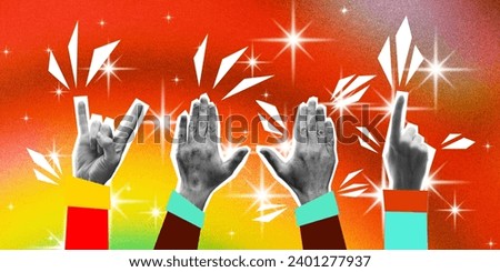 Human hands raised over colorful background, showing different gestures. People dancing. Contemporary art collage. Concept of holidays, celebration, party, fun, joy, meeting. Colorful design. Poster