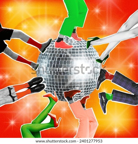 Stylish people legs dancing on big sparkling disco ball on gradient yellow background. Contemporary art collage. Concept of holidays, celebration, party, fun and joy, meeting. Colorful design. Poster