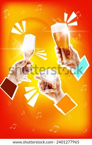 Cheers. Celebration of holiday. People raising glasses with champagne, whiskey and beer and clinking over bright background. Contemporary art collage. Concept of party, fun and joy, meeting. Poster