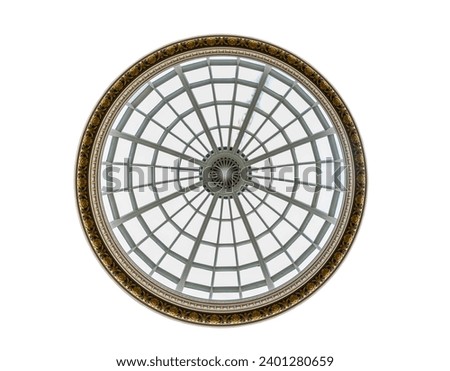 The high ceiling glass dome isolated on White background with clipping path. Ceiling dome architecture design of the skylight, Look up, Space for text, Selective focus.