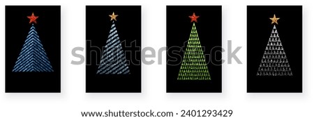 Colorful geometric textured Christmas trees with glittering effect. Merry Christmas and Happy New Year Set of greeting cards, posters, symbols. Vector illustration