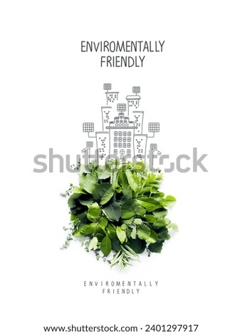 Illustration of Environmentally friendly planet. Ecologycaly clean planet, made of green leaves and grass with hand drawn cartoon sketch of city houses with solar panels.Alternative energy sources.
