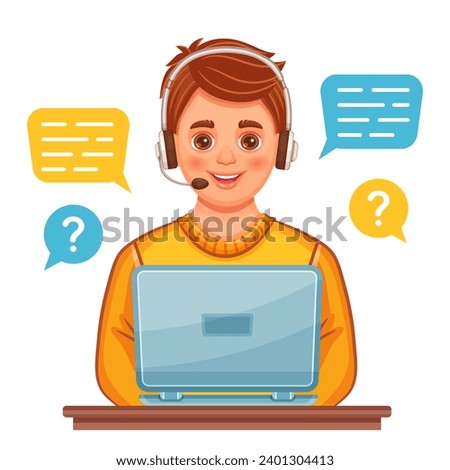 Online customer support service operator, call center consultant, hotline phone assistant icon. Man with headphone, computer laptop talk with client. Help desk, internet telephone consultation. Vector