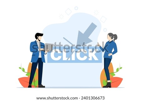Internet concept. Click the button here on the laptop screen. Cursor pointer sign. Little people with big mouse arrow clicks. Modern flat cartoon style. Vector illustration on white background.