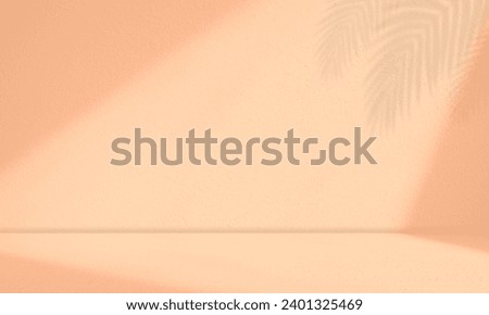 Empty Beige Cement wall room interior texture background, Orange light shadow leaves and floor concrete studio backdrop well display text presentation