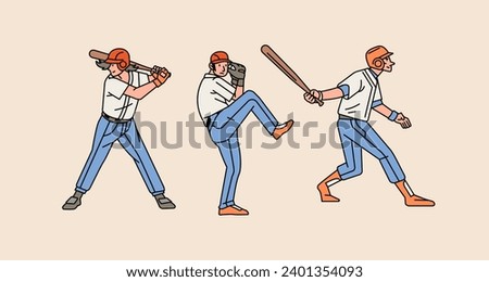 Baseball character set man male guy players in action Athlete on the stadium line style illustration