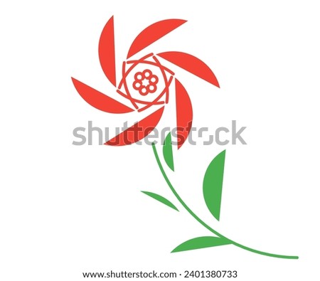 Simple illustration design of red flower with green stem and leaves