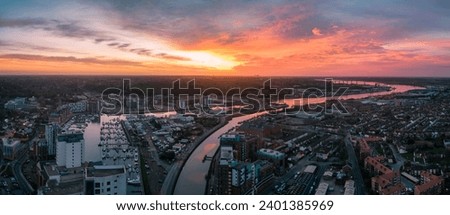An aerial photo of the Wet Dock in Ipswich, Suffolk, UK at sunrise