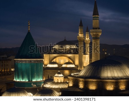 Mevlana Tomb and Mosque (Mevlana Türbesi ve Cami) Night Lights Drone Photo, Mevlana Konya, Turkiye (Turkey) Royalty-Free Stock Photo #2401398171